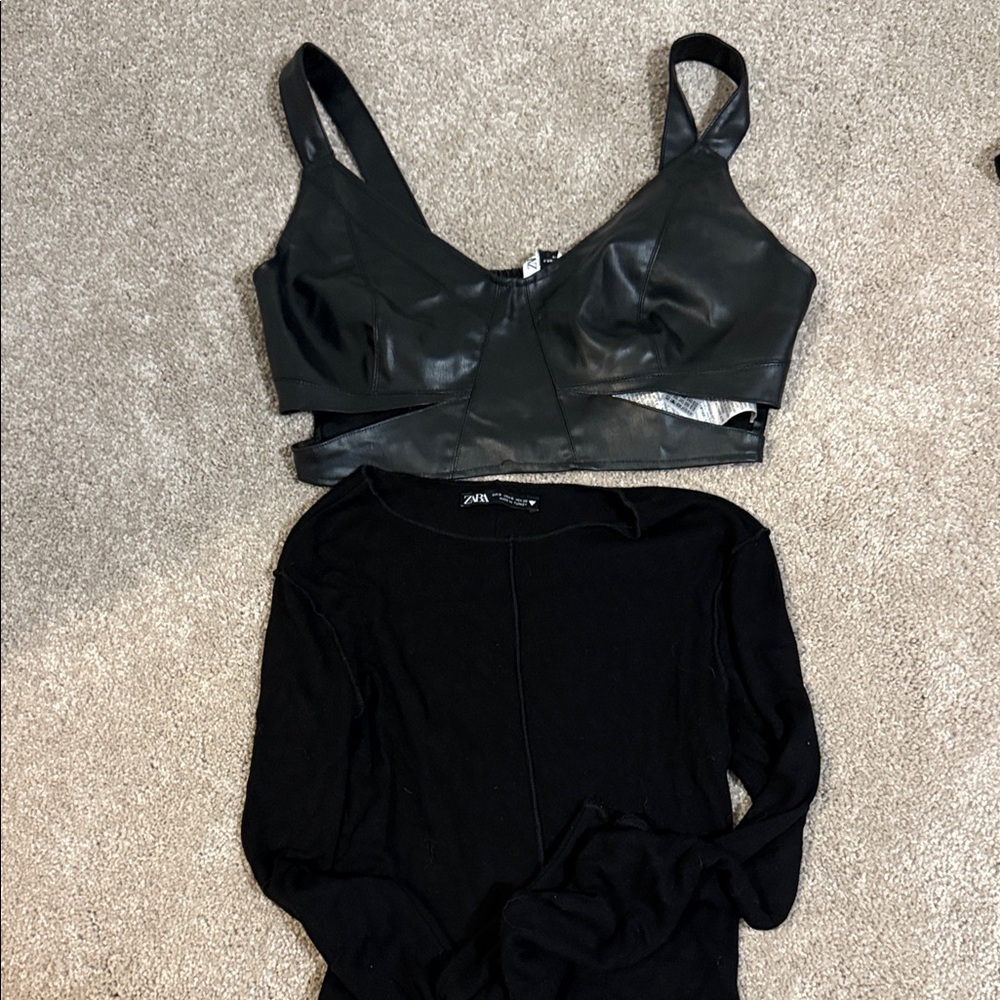Zara Black Faux Leather Crop Top and Black Long Sleeve